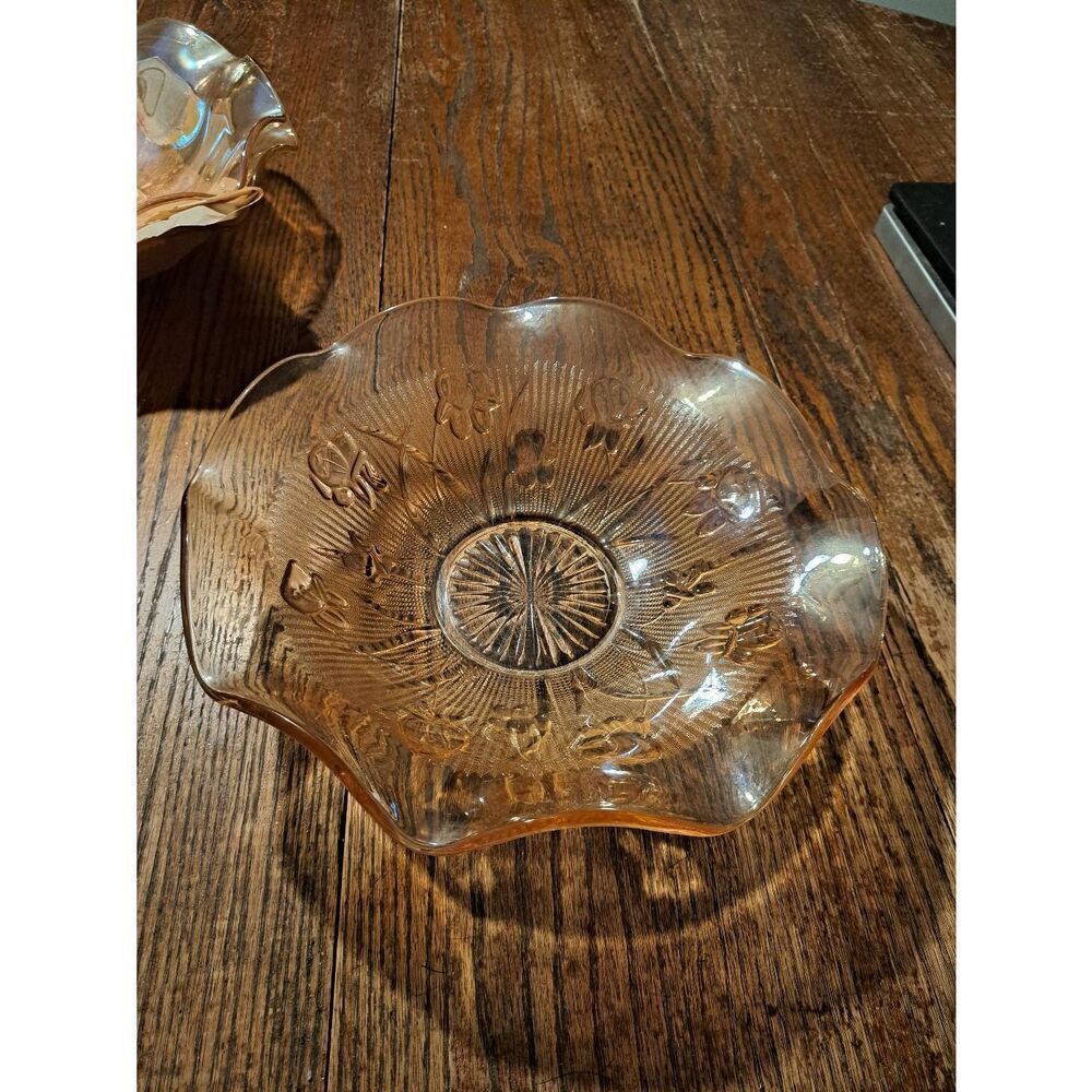 Vintage Jeanette Iris Herringbone Marigold Carnival Glass Ruffled Serving Bowl